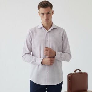 Men’s Light Gray & Pink  Checkered Cotton Shirt – Versatile Formal & Casual (M)
